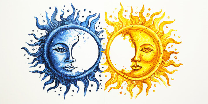 sun and moon, drawn by blue and yellow pen, white background. Generative Ai.