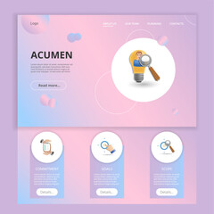 Acumen flat landing page website template. Commitment, goals, scope. Web banner with header, content and footer. Vector illustration.