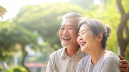 Elder Asian couple protrait happy smile on nature background.