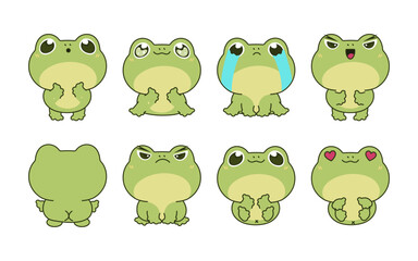 Set of Kawaii Isolated Frog. Collection of Vector Cartoon Froggy Illustrations for Stickers, Baby Shower, Coloring Pages, Prints for Clothes