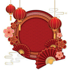Chinese New Year background with paper lanterns, fan and flowers.
