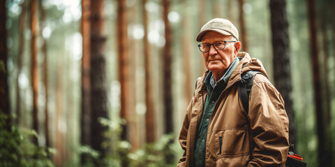 Obraz premium an old man on a walk in forest. Generative Ai.