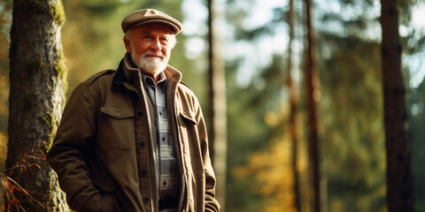 Obraz premium an old man on a walk in forest. Generative Ai.