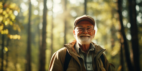 Obraz premium an old man on a walk in forest. Generative Ai.