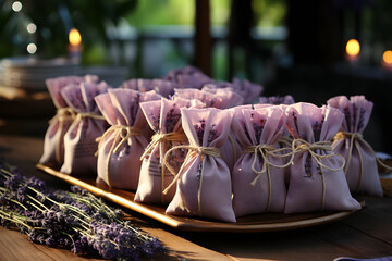 Arranged lavender sachet bags on a wooden table.