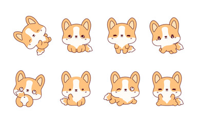 Set of Kawaii Isolated Corgi Dog. Collection of Vector Cartoon Puppy Illustrations for Stickers, Baby Shower, Coloring Pages, Prints for Clothes