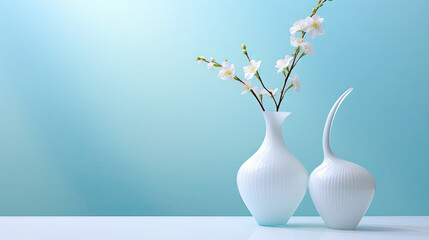  a couple of white vases sitting on top of a table.  generative ai