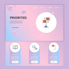 Priorities flat landing page website template. Increase, goals, survey. Web banner with header, content and footer. Vector illustration.