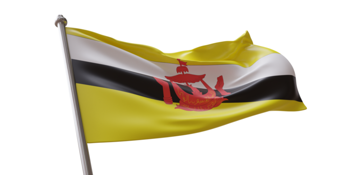 Brunei flag waving isolated on white transparent background, PNG.