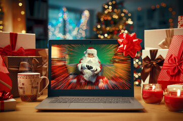 Fototapeta premium Happy Santa Claus playing video games in a laptop screen