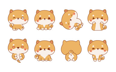 Collection of Vector Cartoon Shiba Inu Puppy Art. Set of Kawaii Isolated Baby Dog Illustrations for Prints for Clothes, Stickers, Baby Shower, Coloring Pages