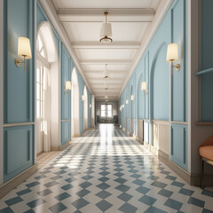 Photo shot in Detail shot, scandinavian hotel hallway, 3d render. AI generated.