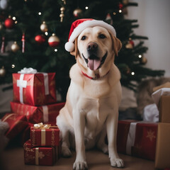smiling labrador with santa claus hat on his head in santa claus costume on the background of Christmas tree and boxes with presents