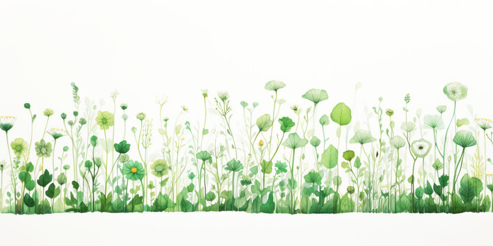flower field drawn by green pen, white background. Generative Ai.