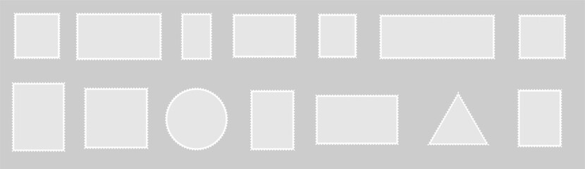 Postage stamp borders set. Blank Postage Stamps on gray background. Vector.