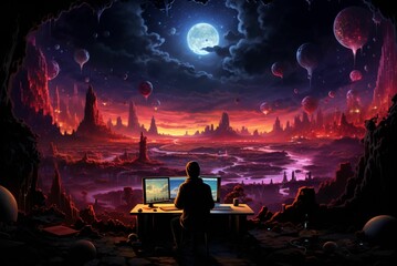 a person in the dark rocky planet sitting in front of a computer - obrazy, fototapety, plakaty
