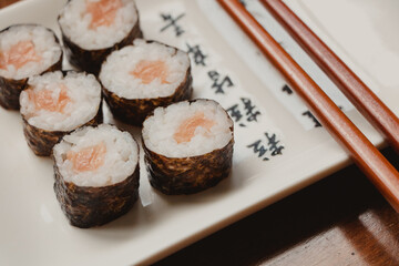 salmon maki sushi close up