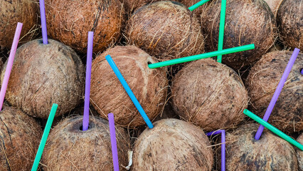 Coconut background with colorful cocktail drinking tubes
