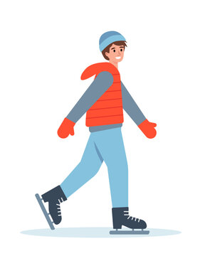 Happy young man in warm clothes skating in winter cold weather. Guy in skates. Healthy active lifestyle and winter leisure activities concept. Vector flat illustration isolated on white background.