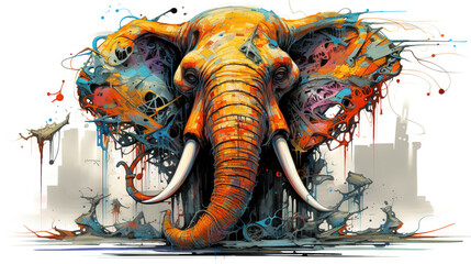  an orange elephant with artistic paint splatters on it's face.  generative ai