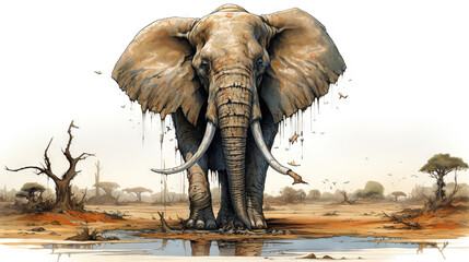  a painting of an elephant standing in a field with a puddle of water.  generative ai