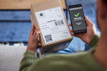 Package label, phone screen and person hands reading security check, ecommerce safety scan or online shopping order. Tick, box. shipping and home customer with smartphone, delivery or product barcode