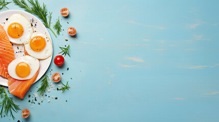  a plate with eggs, salmon and tomatoes on a blue background.  generative ai