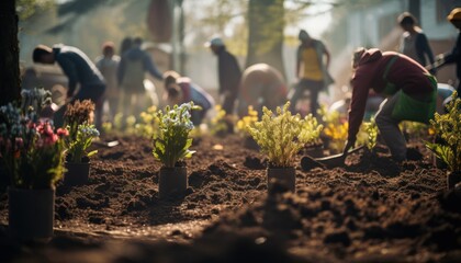 Photo of a Community of Gardeners Cultivating Plants and Harvesting Vegetables