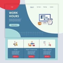 Work hours flat landing page website template. Salary, project stakeholder, project timeline. Web banner with header, content and footer. Vector illustration.