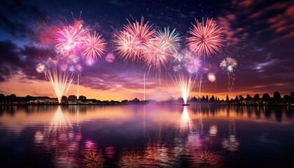 Fototapeta premium Photo of Dazzling Fireworks Illuminate the Night Sky Above a Serene Lake