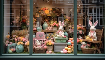 Photo of a Whimsical Display of Plush Creatures in a Charming Shop Window