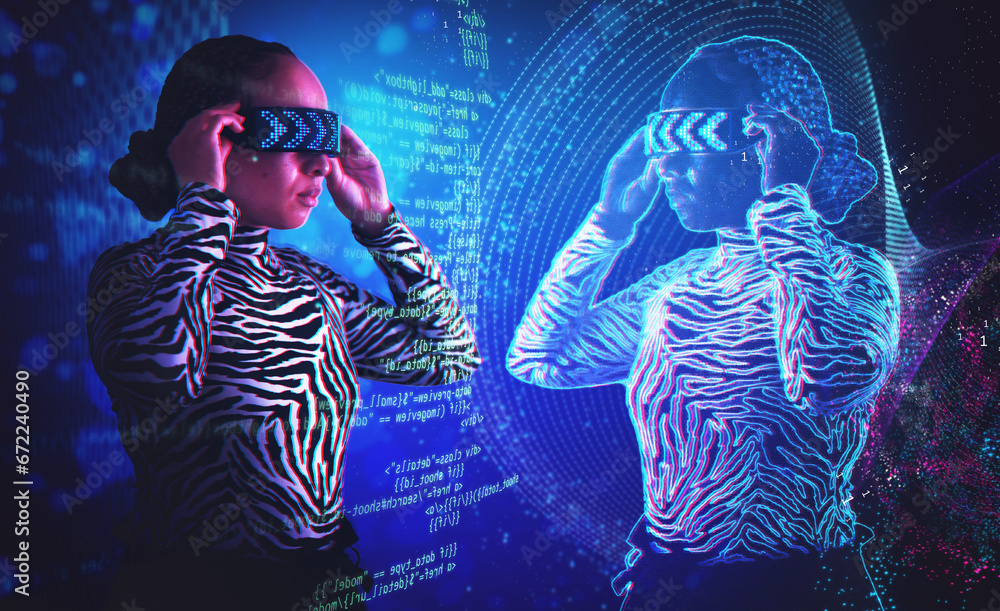 Canvas Prints Woman, metaverse and virtual reality glasses simulator with overlay for digital transformation. Person with vr headset for ar hologram for cyber and 3d world with mirror reflection and futuristic ai