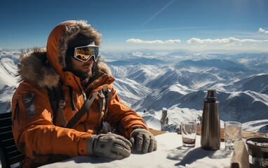 mężczyzna odpoczywający w słoneczny dzień na tarasie widokowym oglądając panoramę gór - 672240413