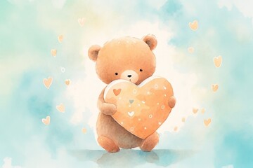 Cute bear hold cookie heart shape box with love sign.