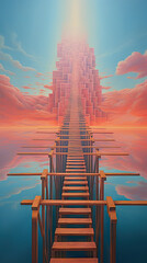  a long wooden staircase leading to a sky filled with clouds.  generative ai