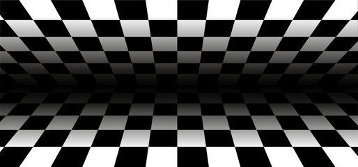 Fototapeta premium Race flag or chess board. Motorsport and autosport. Racing flags. Vector sport wave banner. Sport waves symbol. Checkered flag, checkerboard for texture. Squares, raster pattern. Championship sign. 