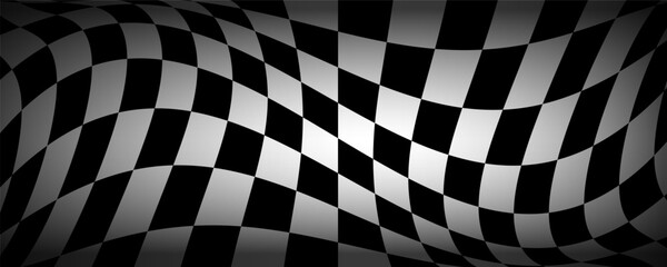 Race flag or chess board. Motorsport and autosport. Racing flags. Vector sport wave banner. Sport waves symbol. Checkered flag, checkerboard for texture. Squares, raster pattern. Championship sign.  - obrazy, fototapety, plakaty