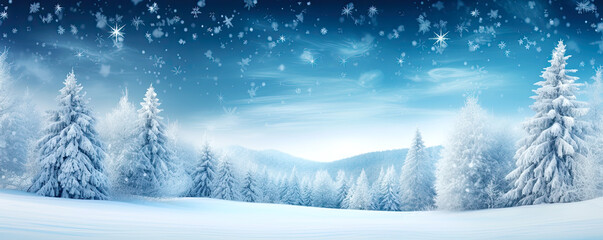 Calm blue sky over winter landscape and falling snow. Postproducted generative AI illustration. 