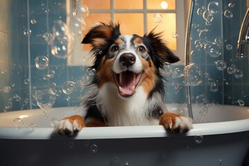 A cute little puppy dog taking a bubble bath in the bathtub - obrazy, fototapety, plakaty