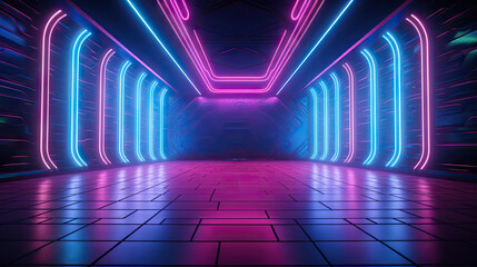  a tunnel with neon lights and tiled flooring in a dark room.  generative ai