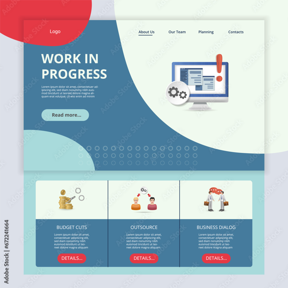 Poster work in progress flat landing page website template. budget cuts, outsource, business dialog. web ba