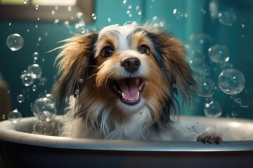 A cute little puppy dog taking a bubble bath in the bathtub