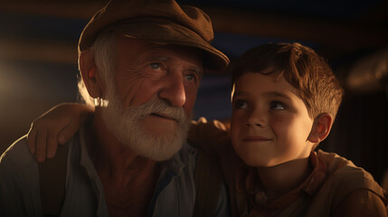 Old man with his grandson, Old person and young boy portrait 