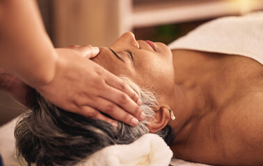 Woman, facial and head massage at spa for beauty, skincare treatment and healing at cosmetics...