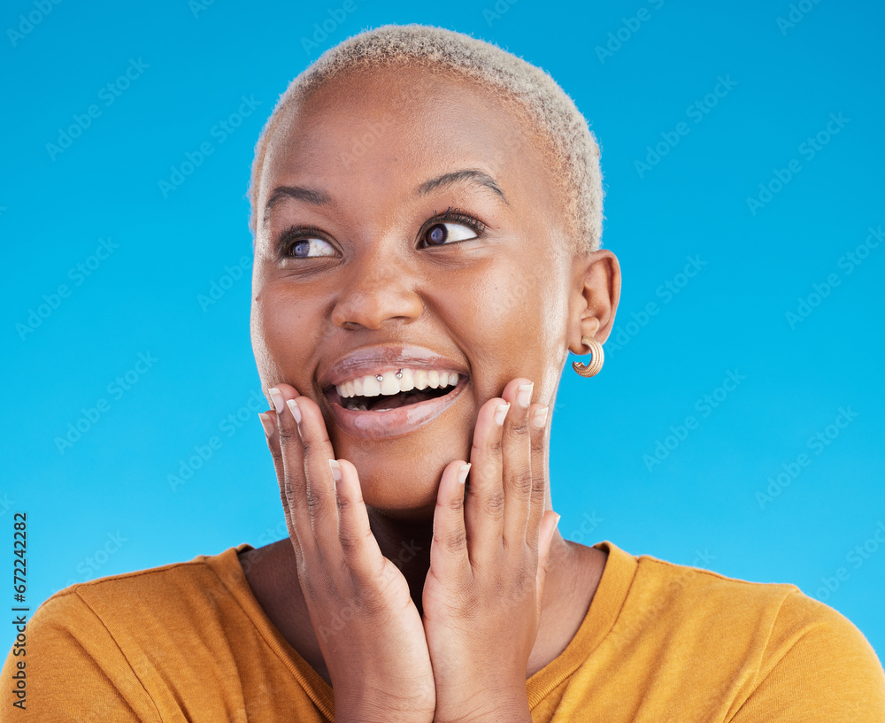 Poster Thinking, smile and black woman with ideas, excited and opportunity on a blue studio background. Surprise, girl and model with problem solving, inspiration and decision with happiness and planning