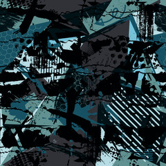 Abstract seamless geometric pattern. Grunge urban repeated backdrop for textile, wrapping paper. Lines elements, triangles, arrows in bright blue, green, black colors.
