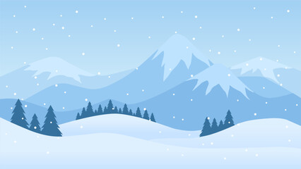 Snowy mountain landscape vector illustration. Landscape of snow covered mountain in winter season. Winter mountain landscape for background, wallpaper or landing page - obrazy, fototapety, plakaty