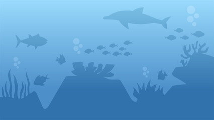 Underwater landscape vector illustration. Bottom sea landscape with fish, coral reef and dolphin. Sea world silhouette for background, wallpaper or landing page. Deep sea landscape vector background - obrazy, fototapety, plakaty