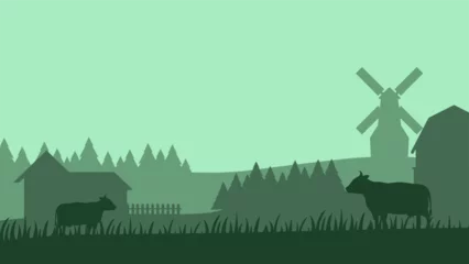 Fotobehang Countryside landscape vector illustration. Farm silhouette landscape with livestock, farmhouse and windmill. Rural scenery silhouette for background, wallpaper or landing page © Moleng
