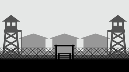Military base landscape vector illustration. Silhouette of military base gate with watchtower and barracks. Military landscape for background, wallpaper or landing page